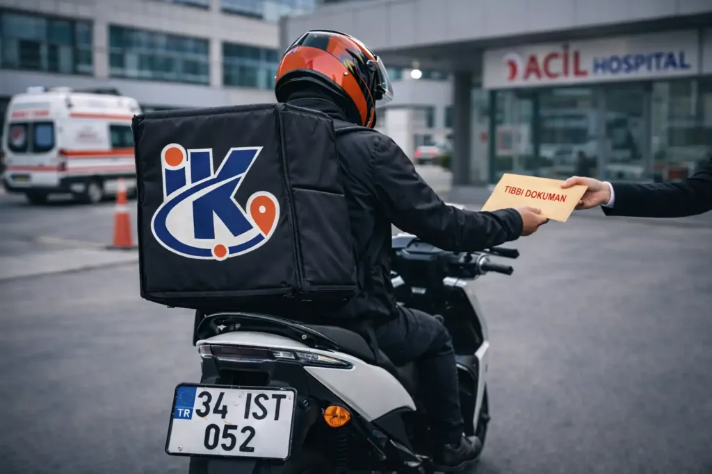 Bakırköy hastane girişinde medikal evrak teslimi yapan moto kurye