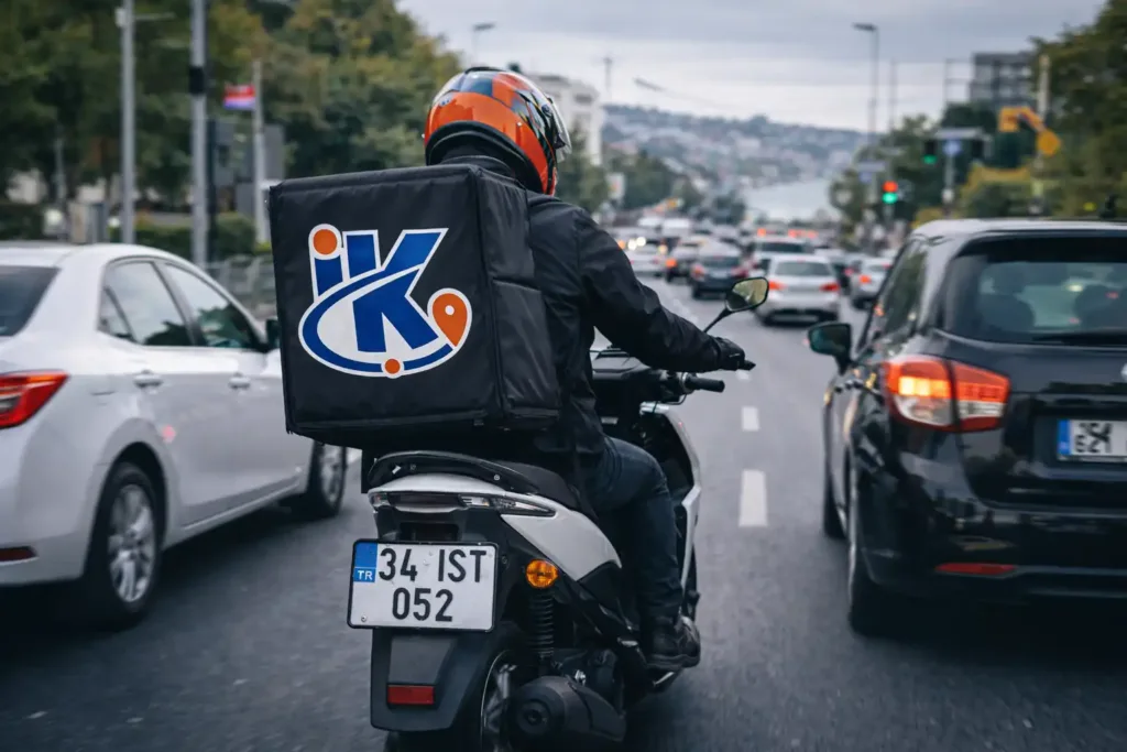 Beşiktaş Barbaros Bulvarı üzerinde trafikte ilerleyen moto kurye