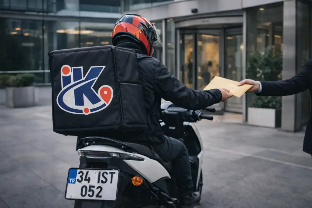 Kozyatağı iş merkezinde evrak teslimi yapan moto kurye