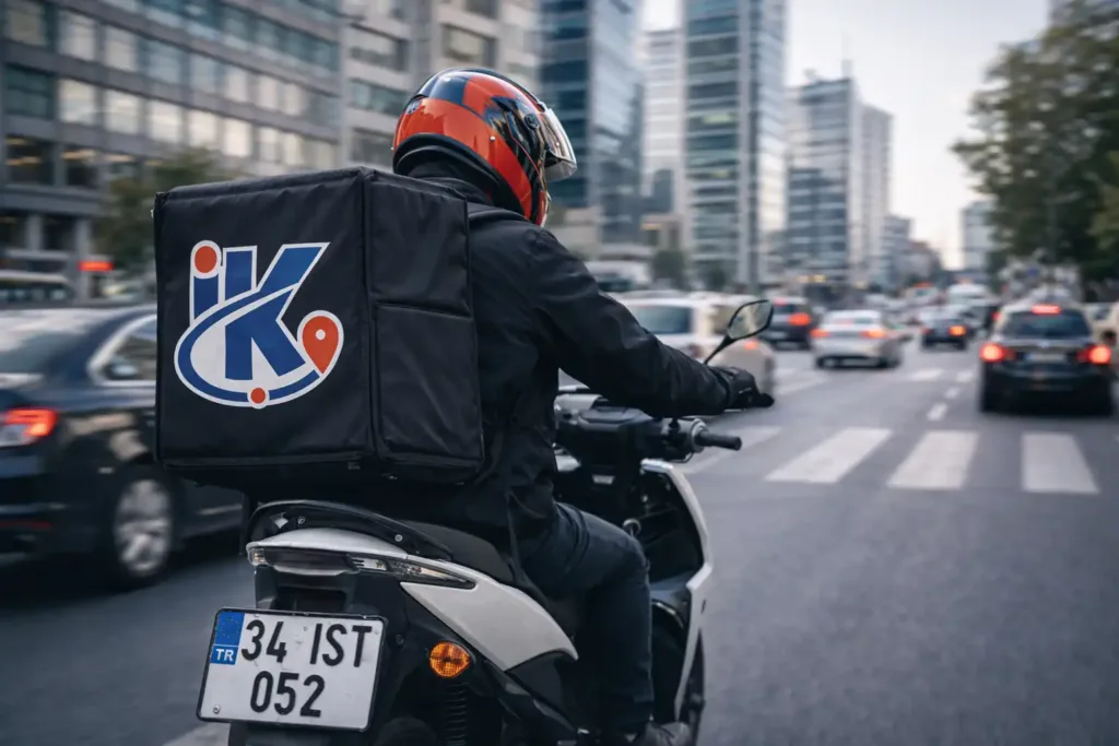 Şişli Mecidiyeköy bölgesinde plaza önünde evrak teslimi yapan profesyonel moto kurye