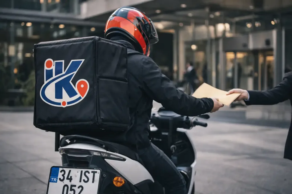 Şişli Esentepe ofis bölgesinde trafikte ilerleyen motosikletli kurye