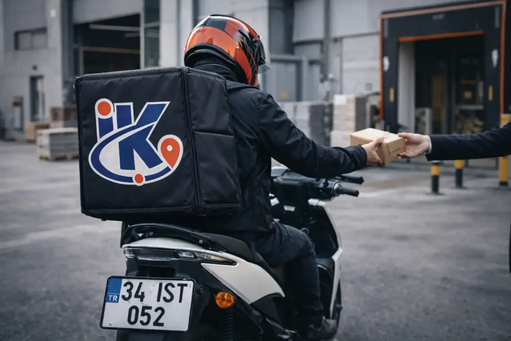 Dudullu Organize Sanayi Bölgesi önünde teslimat yapan moto kurye