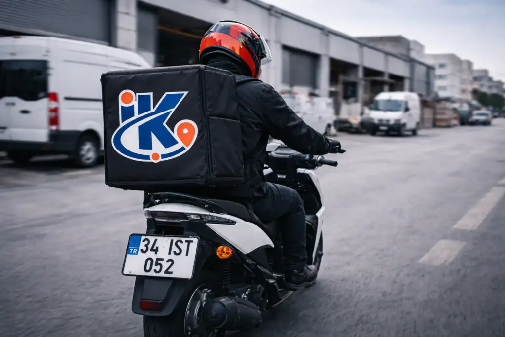 Ümraniye sanayi bölgesinde ilerleyen motosikletli kurye
