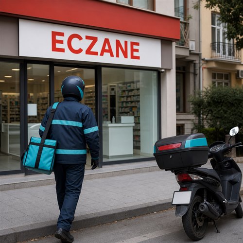 Eczane tabelası önünde teslimat için gelen kurye