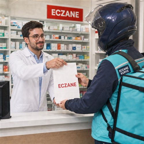 Eczane içinde kapalı paketi teslim alan moto kurye