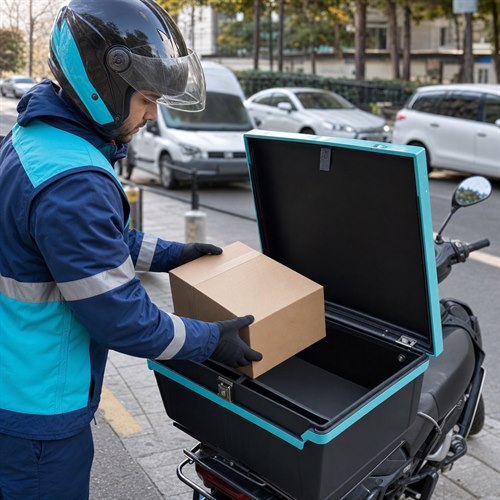 Kapalı paketi motosiklet kutusuna yerleştiren moto kurye