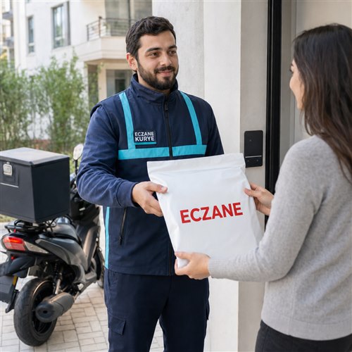 Eczane paketini müşterinin adresine teslim eden moto kurye